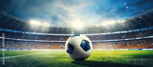 Mixed soccer background featuring a football stadium with a soccer ball and sports posters Copy space image Place for adding text or design