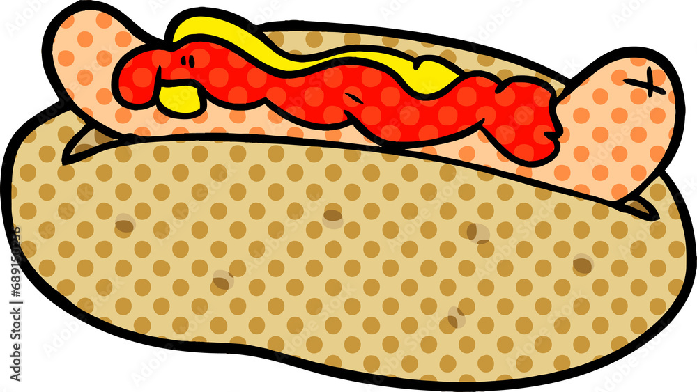cartoon hotdog with mustard and ketchup - obrazy, fototapety, plakaty 