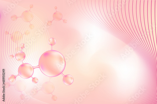 Light pink collagen peptide or hyaluronic acid molecule and bubble oxygen serum chemical formula. Beauty treatment nutrition skincare background with copy space. Medical and scientific concepts.