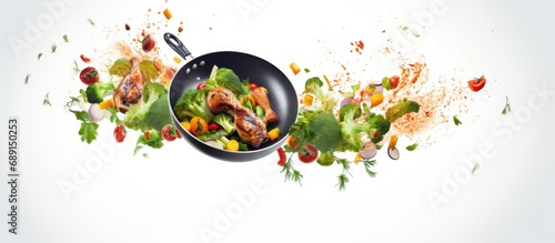 Cooking fresh organic food in a frying pan 3D rendering on white background Copy space image Place for adding text or design photo