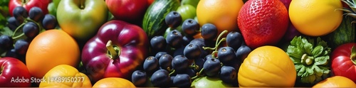 Frische Vielfalt: Fiktive Makroaufnahme von Obst und Gemüse im Bannerformat photo