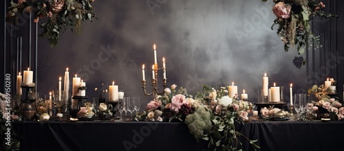 Luxurious wedding reception with trendy black decor including flowers candles and table setup in a restaurant hall Suitable for birthday parties baptisms and other events Copy space image Place