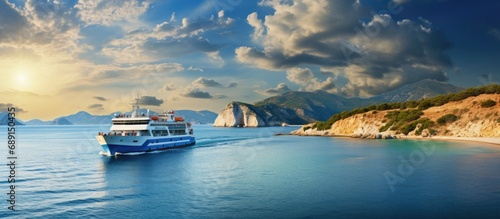 Ferry back to Zakynthos port with dramatic Greek sky Copy space image Place for adding text or design