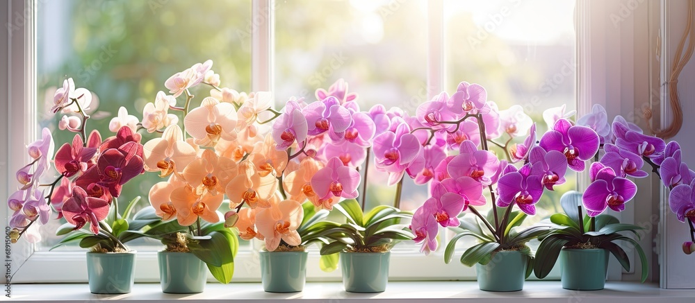 Φωτογραφία Orchids of various colors bloom as part of a gardening hobby growing indoors on