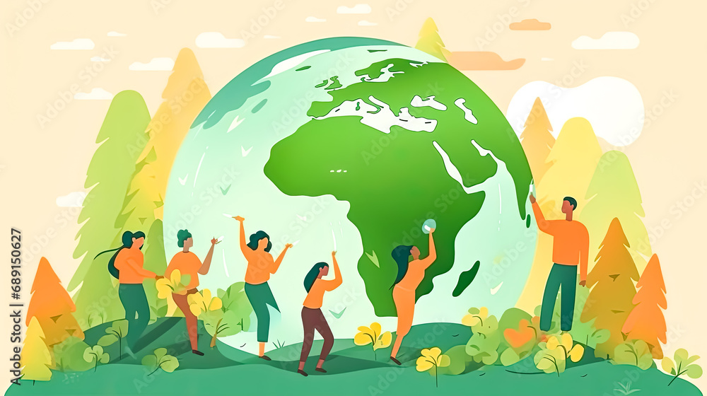 Naklejka premium United for Earth, Diverse people against greenery