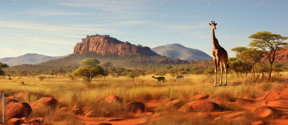 Fototapeta premium Giraffe panorama in African Savannah with geological butte Entabeni Safari Reserve South Africa Copy space image Place for adding text or design