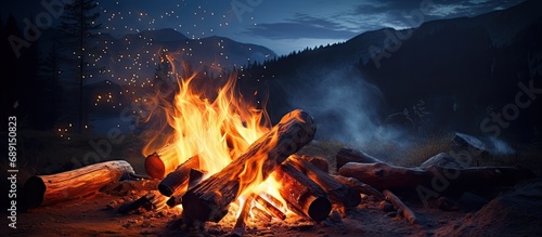 Nighttime campfire at a sce...