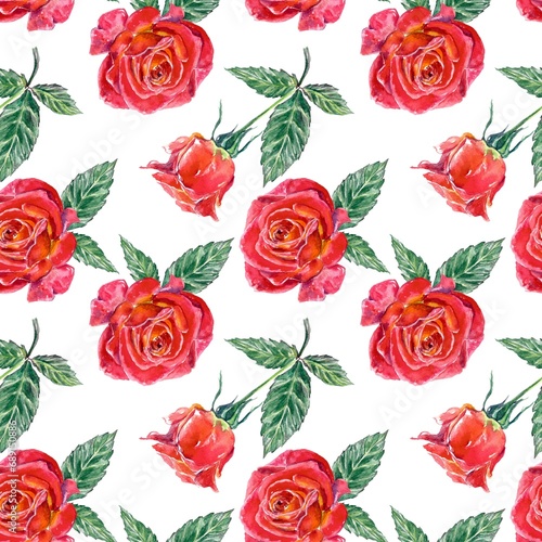 Seamless pattern of red roses and green leaves. Watercolor illustration isolated on white background. Cards, wedding invitations, wallpaper, covers.
