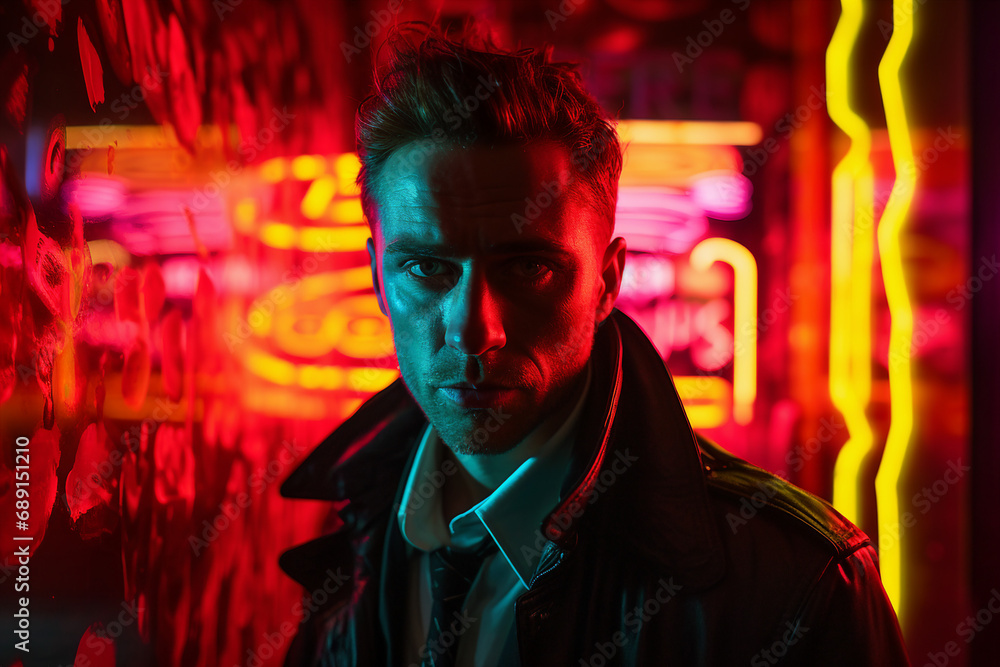 Generative AI image of happy man walking in evening illuminated city neon lights colors Generative AI image of happy man walking in evening illuminated city neon lights colors
