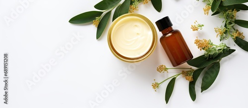 Cosmetics made from natural ingredients for skincare hair and body care Honey and eucalyptus in jars Bottles with facial products on a white background Copy space image Place for adding text or photo
