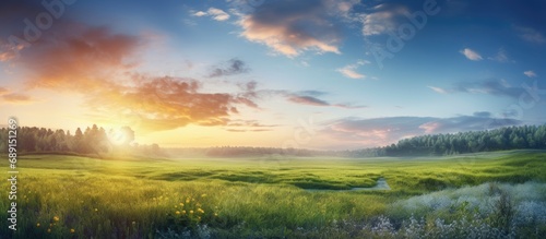 Gorgeous sunrise above meadow Copy space image Place for adding text or design photo