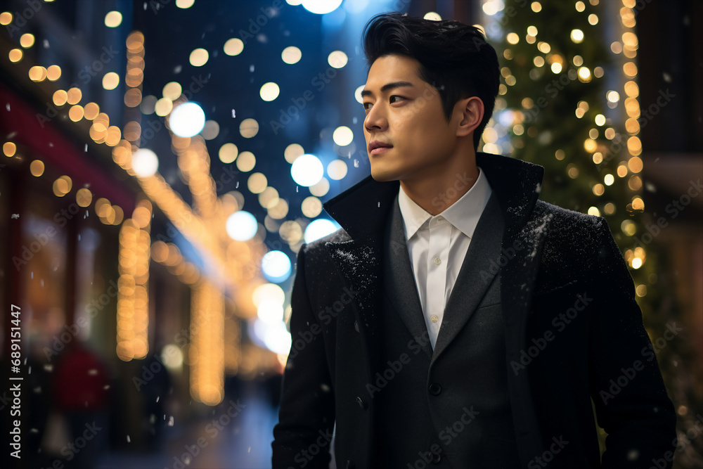 Fototapeta premium Generative AI portrait of young asian handsome business man walking street wearing fashion clothes christmas big city