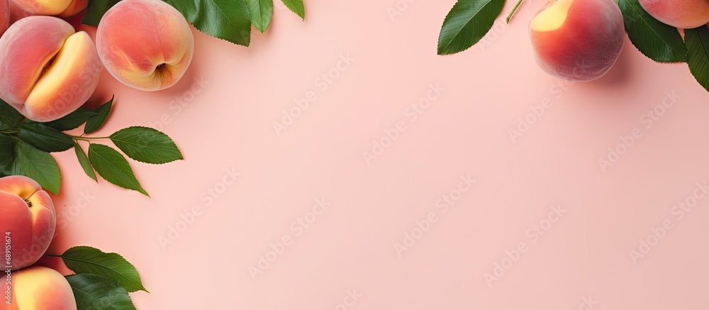 Flat lay composition of ripe peaches with green leaves on pink background Top view with copy space Fresh organic vegan food Copy space image Place for adding text or design