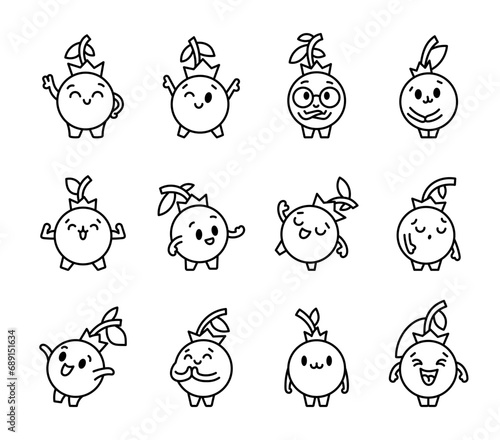 Kawaii blueberry cartoon character. Coloring Page. Cute fruit in different emotion. Hand drawn style. Vector drawing. Collection of design elements.
