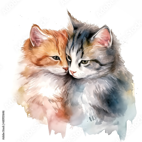 watercolor painting of two cats hugging on transparent backgroun