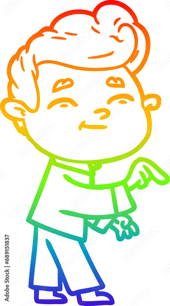 rainbow gradient line drawing of a happy cartoon man pointing