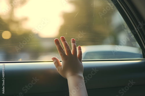Child's hand on car door glass. A child is left alone in a car or confined. Traveling and moving house or orphans. photo