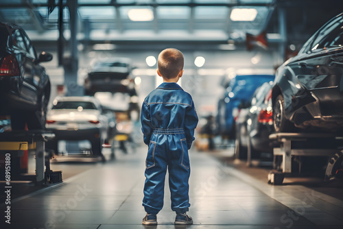 A child boy wearing a blue mechanic's uniform stands with his back in a car repair shop or garage. Copy space. © chawalit