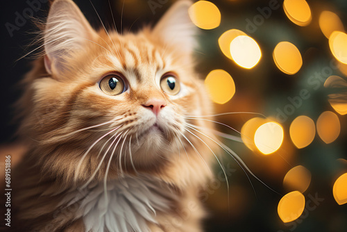 Generative AI portrait of adorable fluffy cat posing over new year decorations snowy city