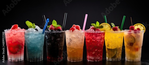 Closeup of fresh iced fruit drinks on black background Copy space image Place for adding text or design photo