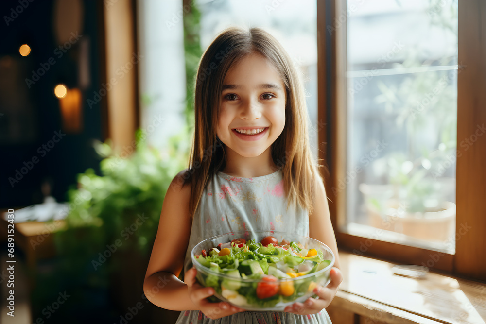 The girl stood and smiled. Hand holding a bowl of vegetable salad in the kitchen. Children who like to eat vegetables. Fruits and vegetables contain vitamins for good healthy.