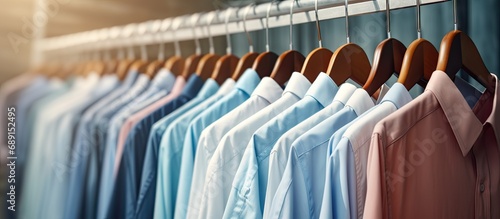 Close up of laundry rack with clean shirts Copy space image Place for adding text or design photo