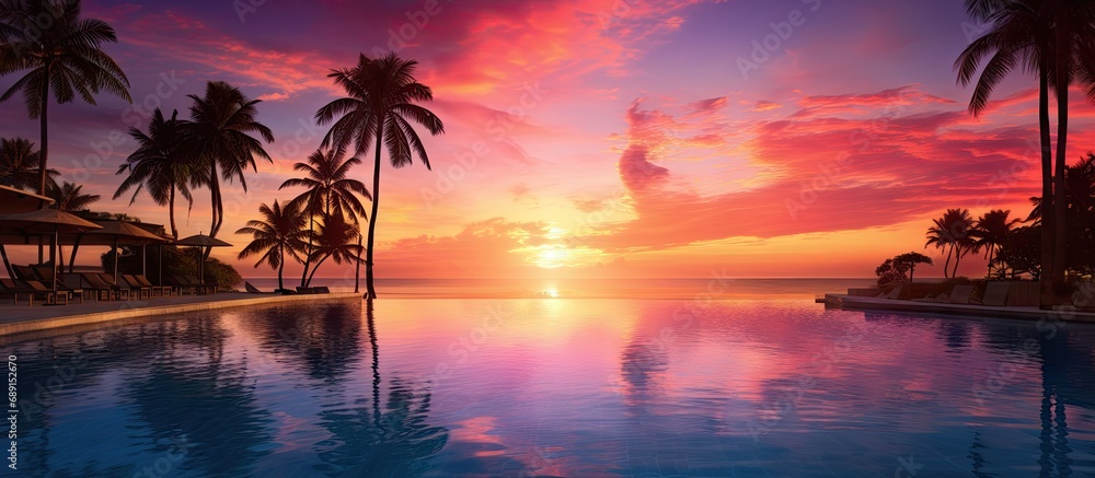 Luxurious beachfront resort with palm trees infinity pool and serene sunset views on a tropical island Copy space image Place for adding text or design - obrazy, fototapety, plakaty 
