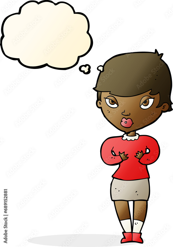 cartoon woman gesturing at self with thought bubble cartoon woman gesturing at self with thought bubble