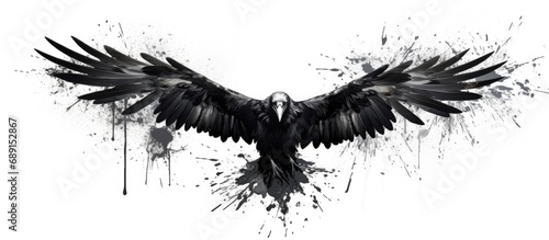 Black raven silhouette with paint splatters isolated on white background Copy space image Place for adding text or design photo