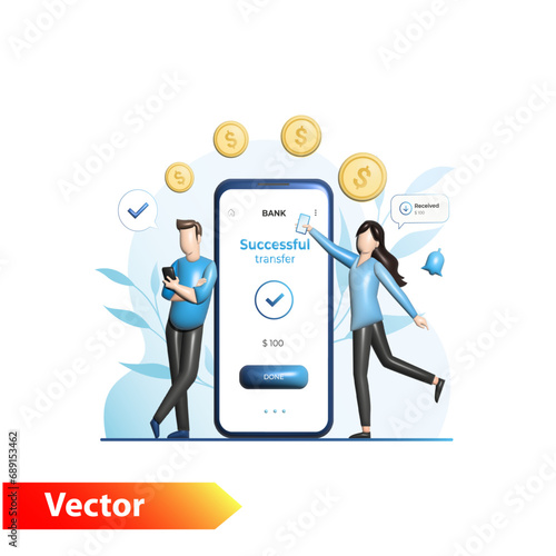 Tiny man in 3D smartphone sends money from bank account, successfully transfers coins, pays, transaction, operation. Coin flow. Cash back. Receipt of finances, replenishment of balance, budget.