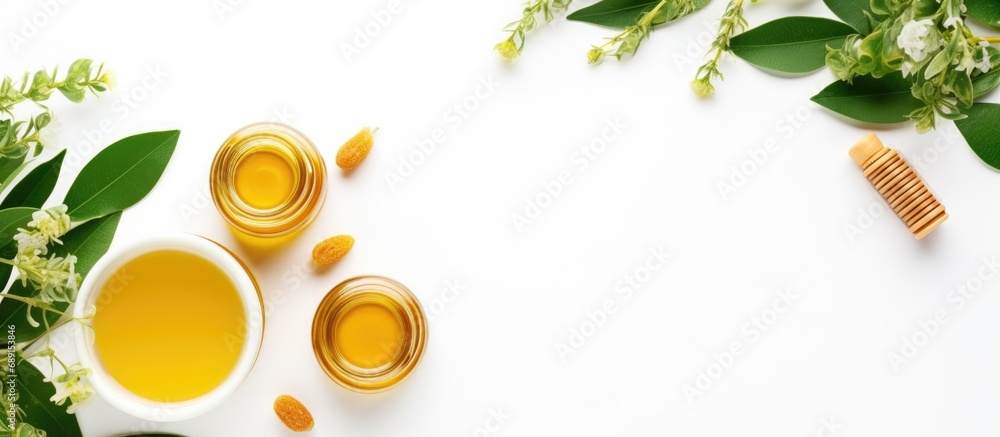 Cosmetics made from natural ingredients for skincare hair and body care Honey and eucalyptus in jars Bottles with facial products on a white background Copy space image Place for adding text or Cosmetics made from natural ingredients for skincare hair and body care Honey and eucalyptus in jars Bottles with facial products on a white background Copy space image Place for adding text or