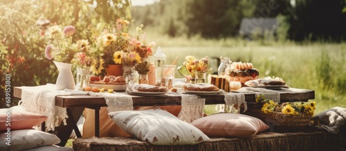 Boho inspired bridal picnic table Copy space image Place for adding text or design