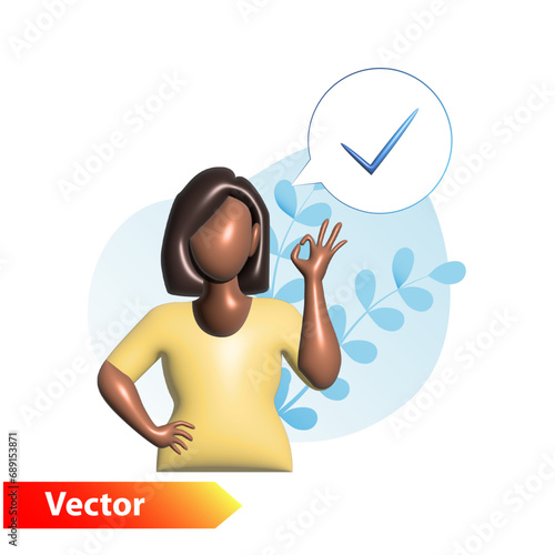 Portrait of a dark-skinned, happy 3D woman showing a positive, affirmative hand gesture class, ok, good, super, success, excellent in shopping, purchases, business with a check mark. Agreement.