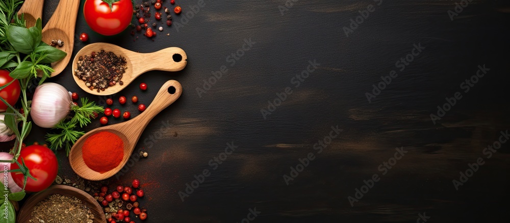 Dark background with a vegetarian food health or cooking concept featuring a wooden spoon and ingredients Copy space image Place for adding text or design