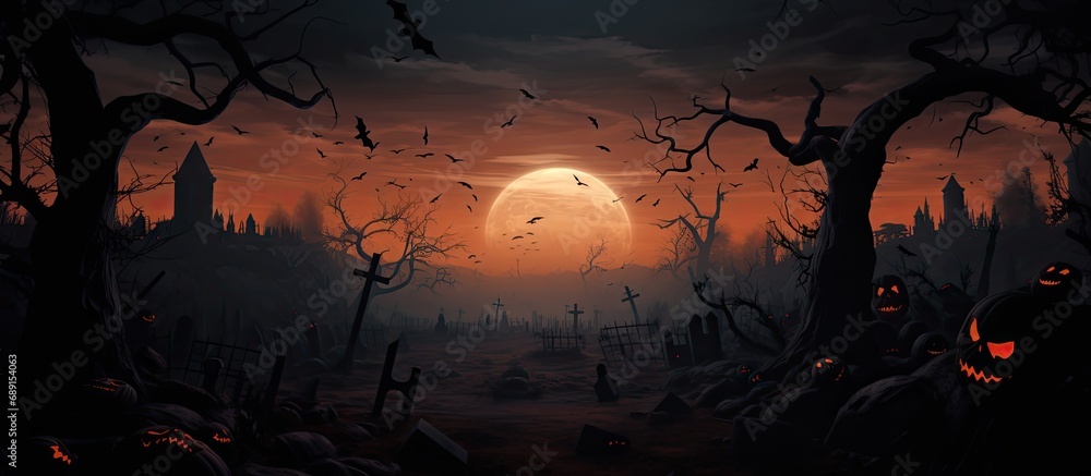 Halloween themed backdrop with eerie graveyard bare trees graves bats and space for text Copy space image Place for adding text or design