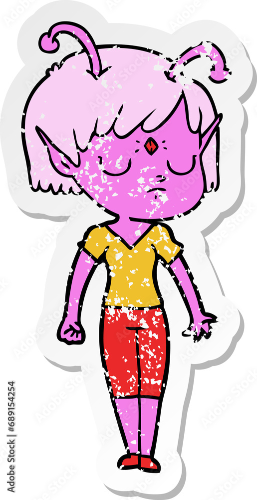 distressed sticker of a cartoon alien girl distressed sticker of a cartoon alien girl