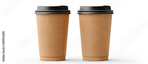 Mockup collection of coffee packaging templates in medium sized take away craft cups isolated on a white background with clipping path Copy space image Place for adding text or design photo