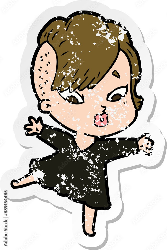 distressed sticker of a cartoon surprised girl in black dress distressed sticker of a cartoon surprised girl in black dress