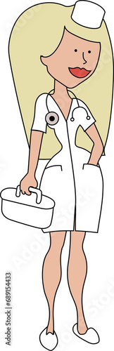 Professions. Doctor. Cartoon. A woman doctor holds a suitcase with medicines in her hand, a stratoscope weighs around her neck. Illustrations on a transparent background.  photo