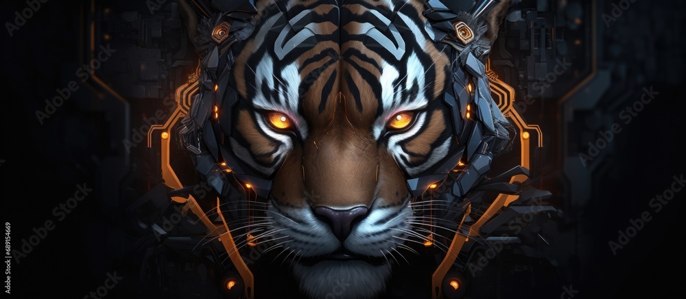 Graphic design representation of a robotic tiger for a sports team logo printing and mascot Copy space image Place for adding text or design Graphic design representation of a robotic tiger for a sports team logo printing and mascot Copy space image Place for adding text or design