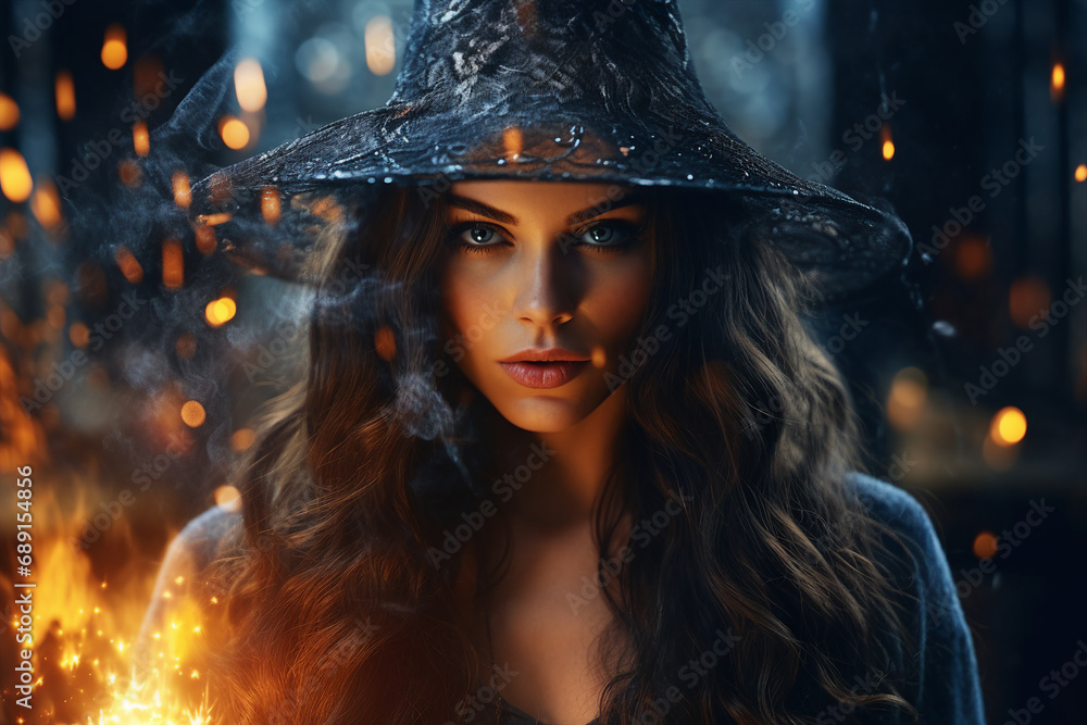 AI generated image of beautiful character witch with fire spell on halloween night AI generated image of beautiful character witch with fire spell on halloween night