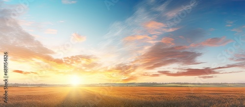 Leinwand Poster Gorgeous sunrise above meadow Copy space image Place for adding text or design