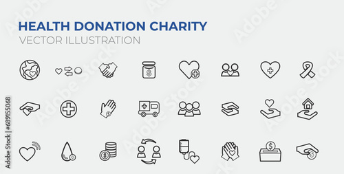 Health donation charity outline vector. Charity - thin line vector icon set. Pixel perfect. Editable stroke. The set contains icons: Charity, Charitable Donation, A Helping Hand, Volunteer, Heart,