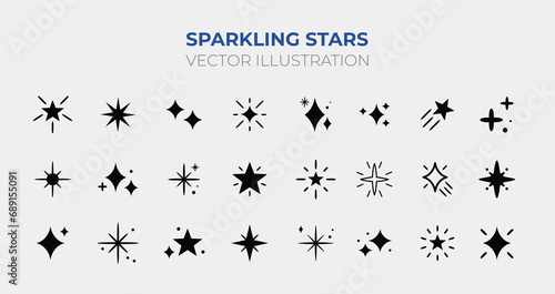 Sparkling Stars. Retro futuristic sparkle icons collection. Set of star shapes. Abstract cool shine effect sign vector design. Templates for design, posters, projects, banners, 