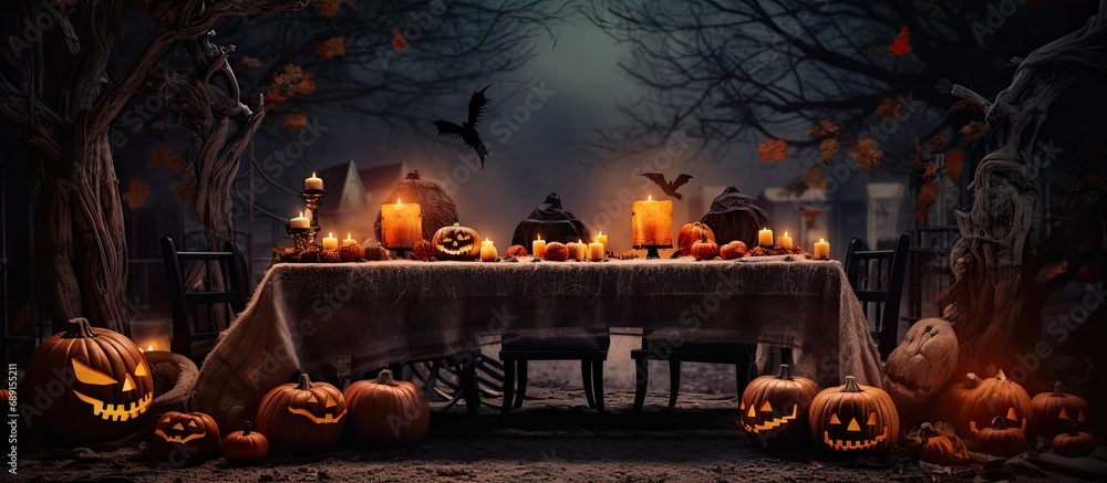 Obraz premium Halloween dining table decor idea Copy space image Place for adding text or design