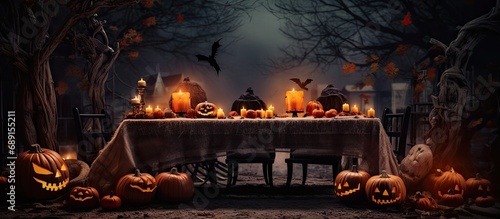 Halloween dining table decor idea Copy space image Place for adding text or design