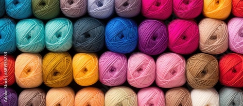 Colorful yarn in close up used for needlework displayed on store racks and shelves Copy space image Place for adding text or design photo