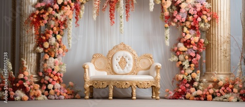 Indian wedding stage decorations adorned with beautiful flowers Copy space image Place for adding text or design