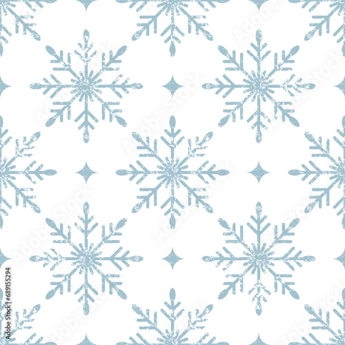 Seamless Christmas pattern with grunge texture. Blue snowflakes on white background. Vintage New Year background. For printing on paper or fabric. Holiday Christmas vector illustration.