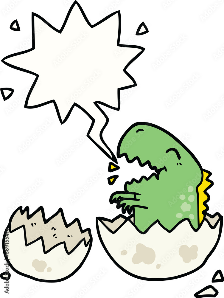 cartoon dinosaur hatching from egg with speech bubble cartoon dinosaur hatching from egg with speech bubble